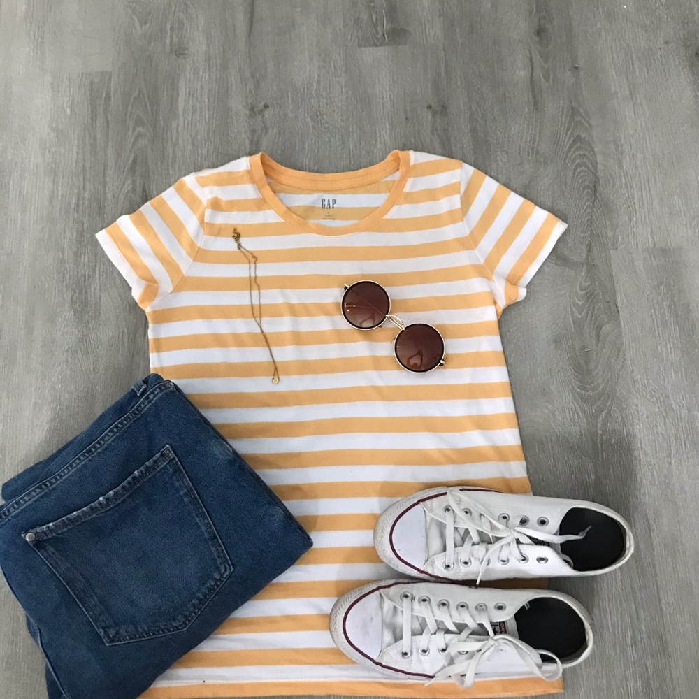 yellow shirt sleeved striped t-shirt
